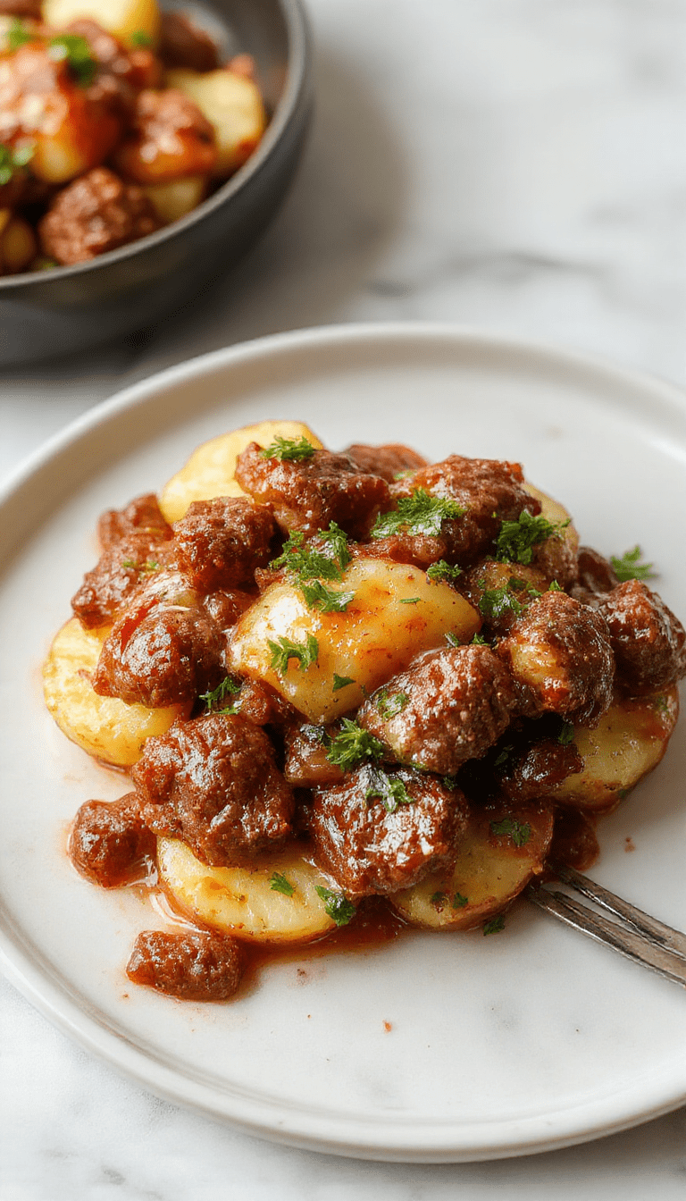 A colorful skillet dish featuring golden roasted potatoes, seasoned ground meat topped with melted cheese, garnished with chopped herbs, served on a rustic wooden table with a spoon beside it.
