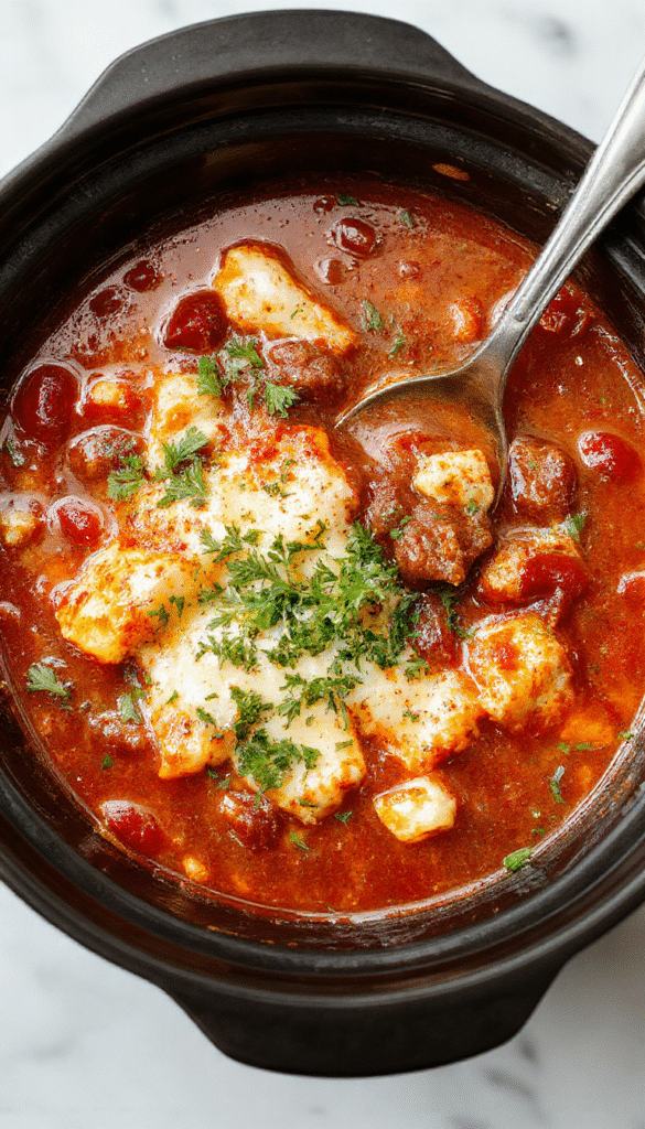 A vibrant bowl of crockpot lasagna soup showcasing layers of rich tomato broth, melted mozzarella cheese, and fresh basil garnished with grated Parmesan. The soup is served in a rustic white bowl on a wooden table, with a crusty bread loaf and a sprinkle of herbs in the background, highlighting its hearty and comforting texture.