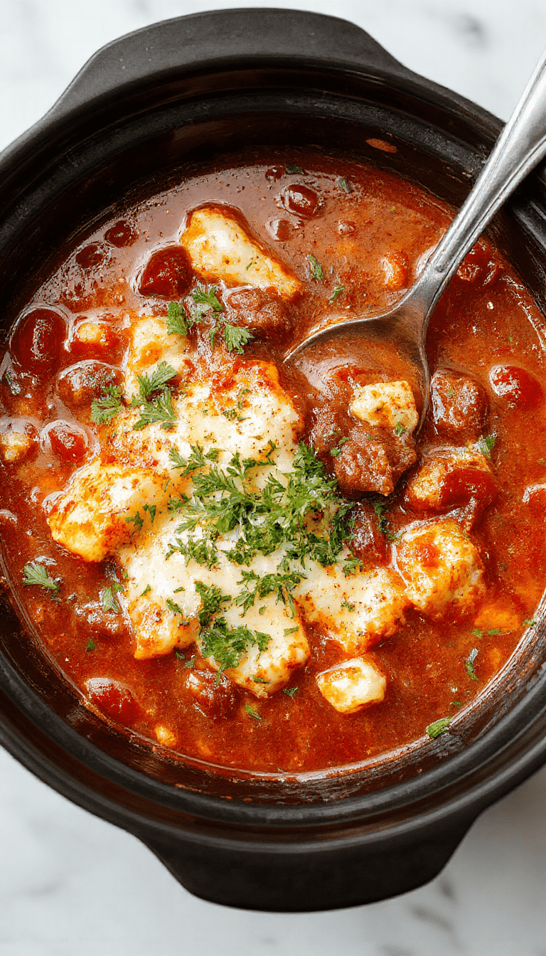 A vibrant bowl of crockpot lasagna soup showcasing layers of rich tomato broth, melted mozzarella cheese, and fresh basil garnished with grated Parmesan. The soup is served in a rustic white bowl on a wooden table, with a crusty bread loaf and a sprinkle of herbs in the background, highlighting its hearty and comforting texture.