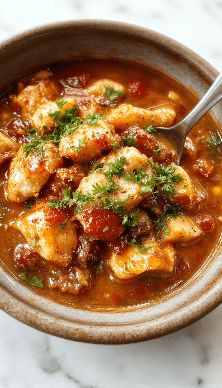 A colorful bowl of slow cooker chicken stew featuring tender shredded chicken, hearty vegetables like carrots and potatoes, in a rich, flavorful broth. The dish is garnished with fresh herbs, served on a rustic wooden table with a side of crusty bread, showcasing warm, inviting textures and a vibrant, appetizing presentation.