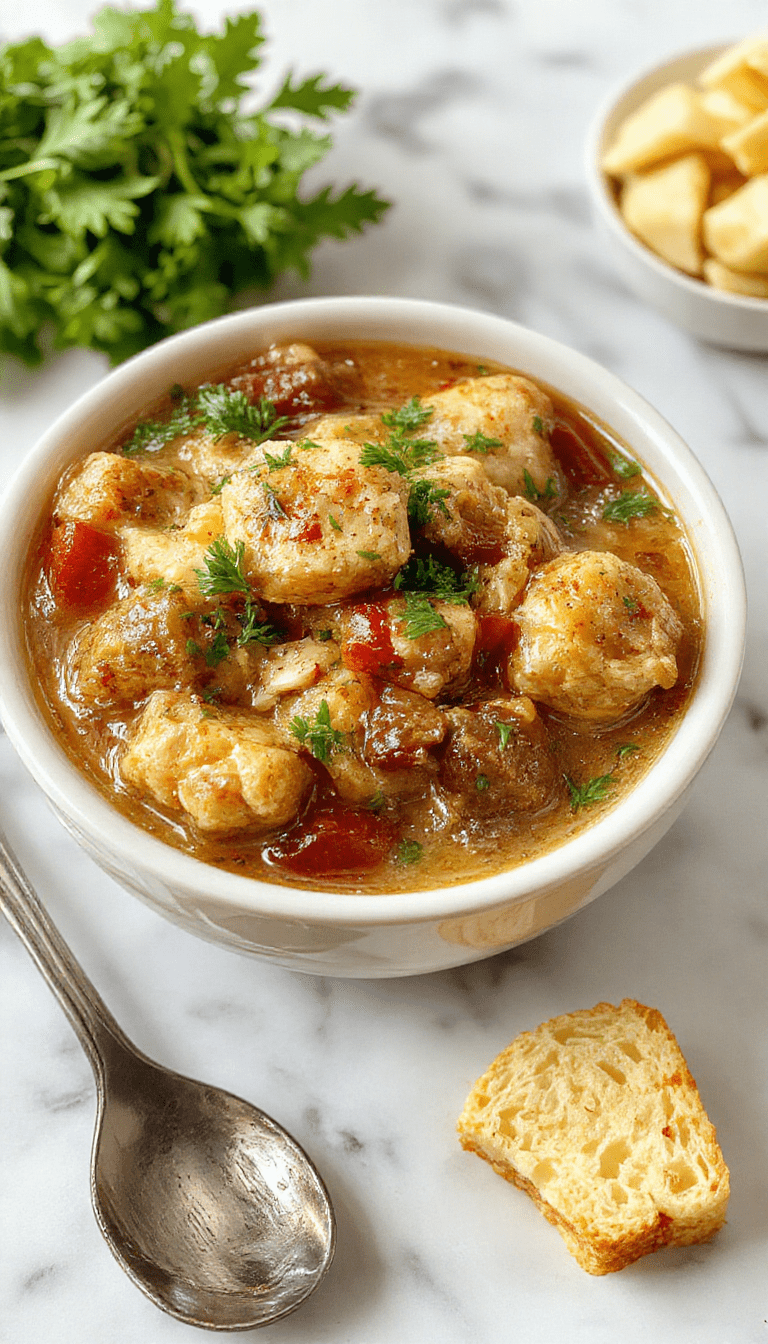A rustic bowl of hearty chicken stew with tender shredded chicken, colorful vegetables like carrots and celery, and a rich broth, garnished with fresh herbs, styled on a wooden table with warm ambient lighting.