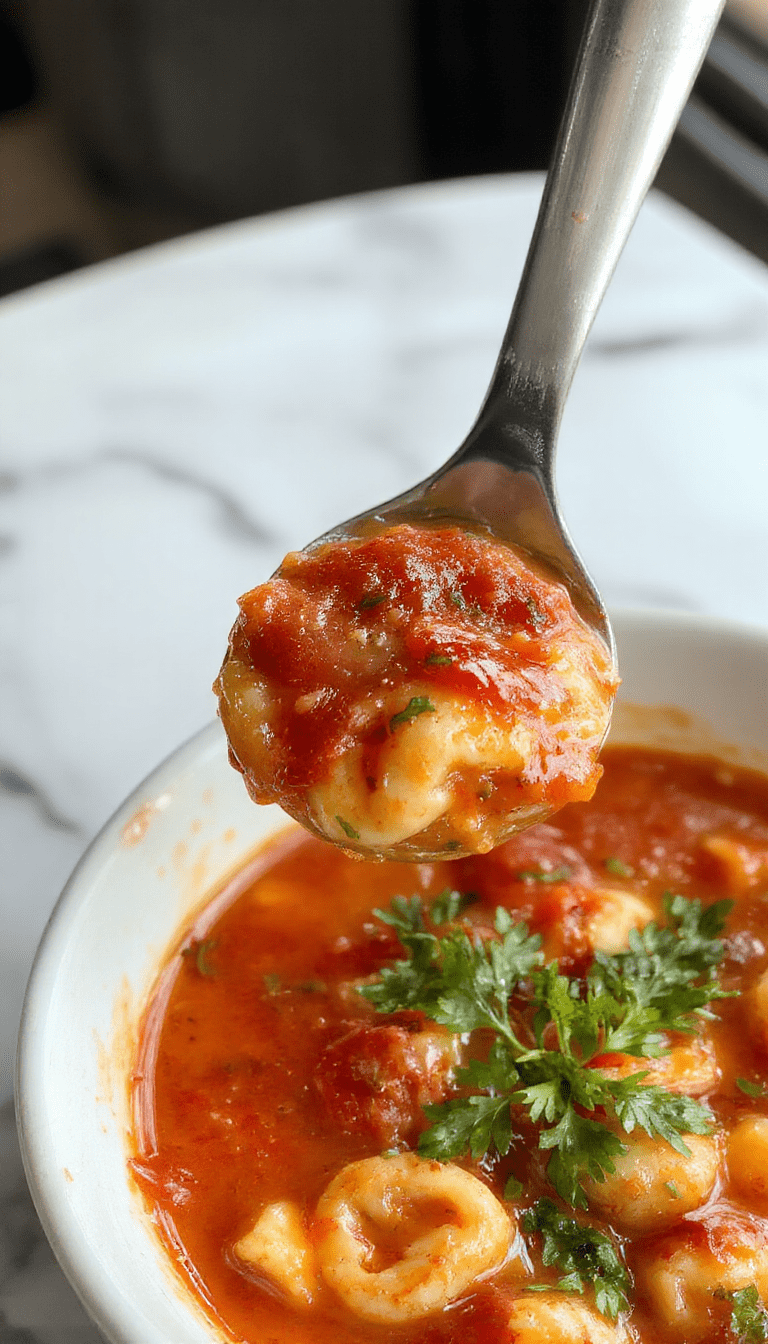 A vibrant bowl of tomato tortellini soup topped with fresh basil, showing plump tortellini in a rich red tomato broth, garnished with grated cheese and herbs, styled on a rustic wooden surface with a spoon beside it.