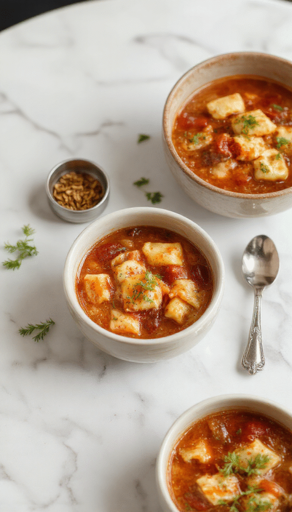 A vibrant bowl of tomato tortellini soup featuring plump tortellini floating in a rich, red tomato broth. Garnished with fresh basil leaves and grated Parmesan cheese, the soup is served in a rustic white bowl on a wooden table, with a bread slice and a sprig of herbs nearby, highlighting textures and fresh ingredients.
