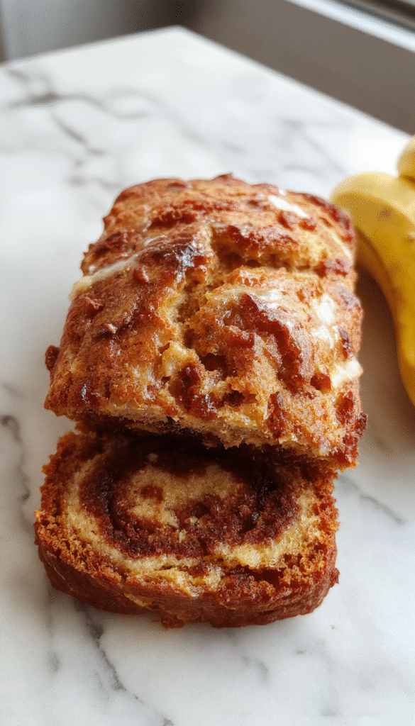 A golden-brown banana bread sliced open revealing a cinnamon swirl throughout, presented on a rustic wooden board with a dusting of powdered sugar, topped with banana slices and a sprig of fresh herbs, with a cozy brunch setting in the background featuring soft natural lighting and vibrant colors.