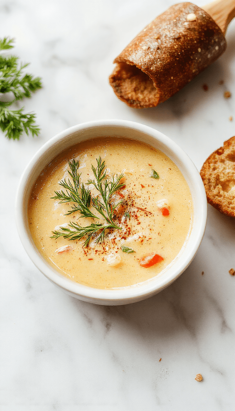 A vibrant bowl of Italian Penicillin Soup featuring a rich golden broth topped with fresh herbs, fragrant garlic, and tender chunks of chicken, served alongside crusty bread on a rustic wooden table.