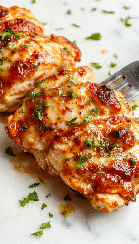 Colorful plate featuring perfectly cooked chicken breast with golden crispy exterior, sliced to reveal juicy tender interior, garnished with fresh herbs on a rustic wooden surface with vibrant vegetables around