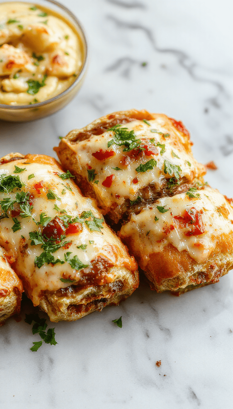 A vibrant plate featuring golden-brown philly cheesesteak rolls with melted cheese spilling out, garnished with fresh herbs, served on a rustic wooden board with a side of dipping sauce, garnished with sliced green onions and colorful pepper slices for contrast