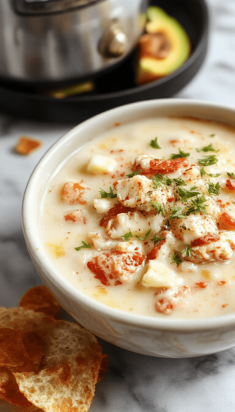 A colorful bowl of white chicken chili topped with a dollop of cream cheese and chopped fresh herbs, served with a spoon on a rustic wooden table, highlighting the creamy, hearty texture and fall-inspired presentation.