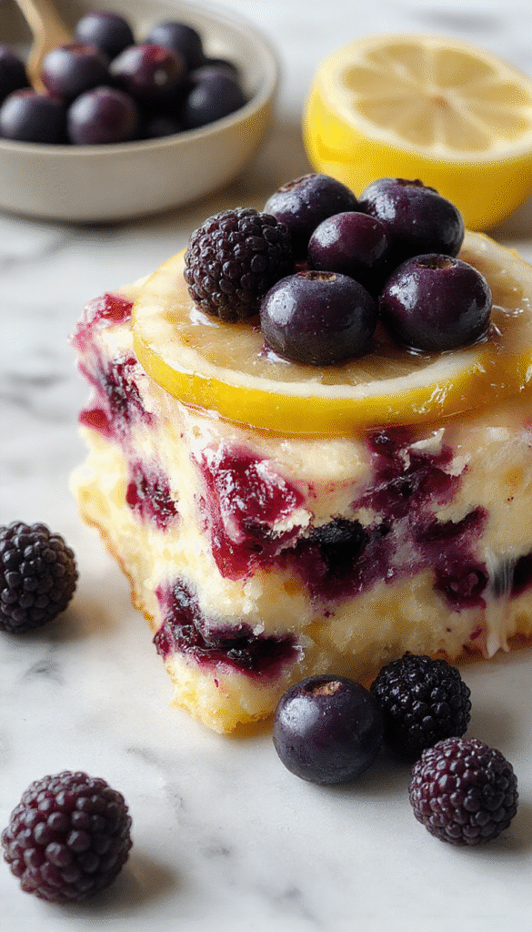 A vibrant lemon blueberry cake topped with fresh blueberries and lemon zest, sliced to reveal layers of moist sponge and creamy filling, decorated with edible flowers and a dusting of powdered sugar, set on a rustic white plate with a bright yellow napkin.