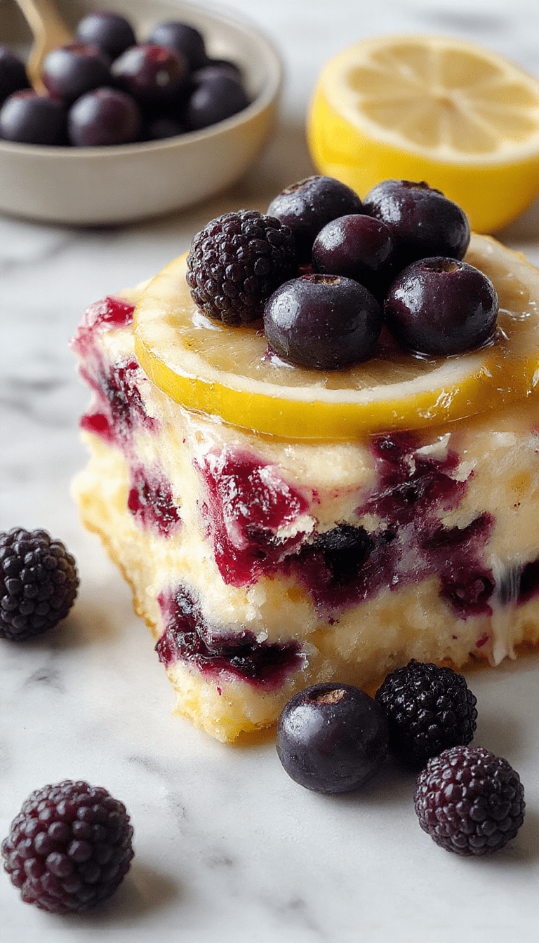 A vibrant lemon blueberry cake topped with fresh blueberries and lemon zest, sliced to reveal layers of moist sponge and creamy filling, decorated with edible flowers and a dusting of powdered sugar, set on a rustic white plate with a bright yellow napkin.