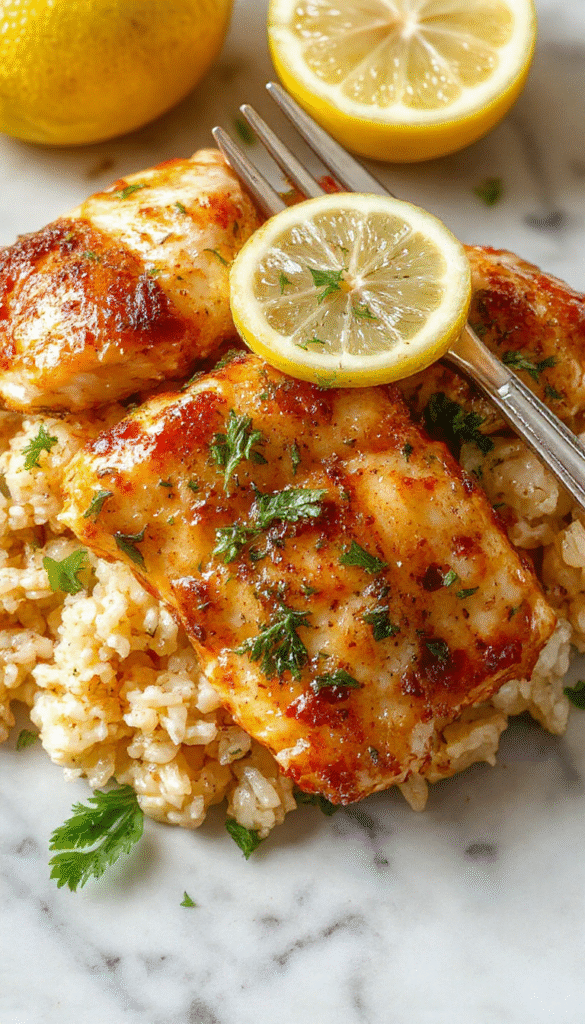 A vibrant plate featuring tender shredded chicken coated in a bright lemon herb sauce, served over fluffy rice with fresh herbs garnishing the dish, set on a rustic wooden table with a lemon slice and sprigs of herbs for accent.