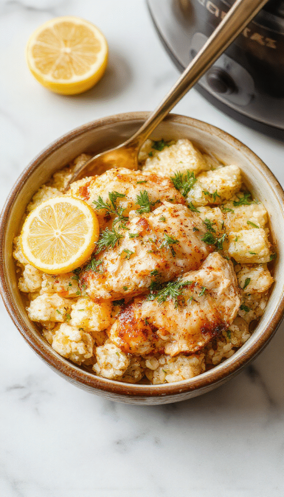 A vibrant plate featuring tender shredded chicken coated in a bright lemon herb sauce, served over fluffy white rice with fresh herbs and lemon slices, styled on a rustic wooden table with colorful garnish accents