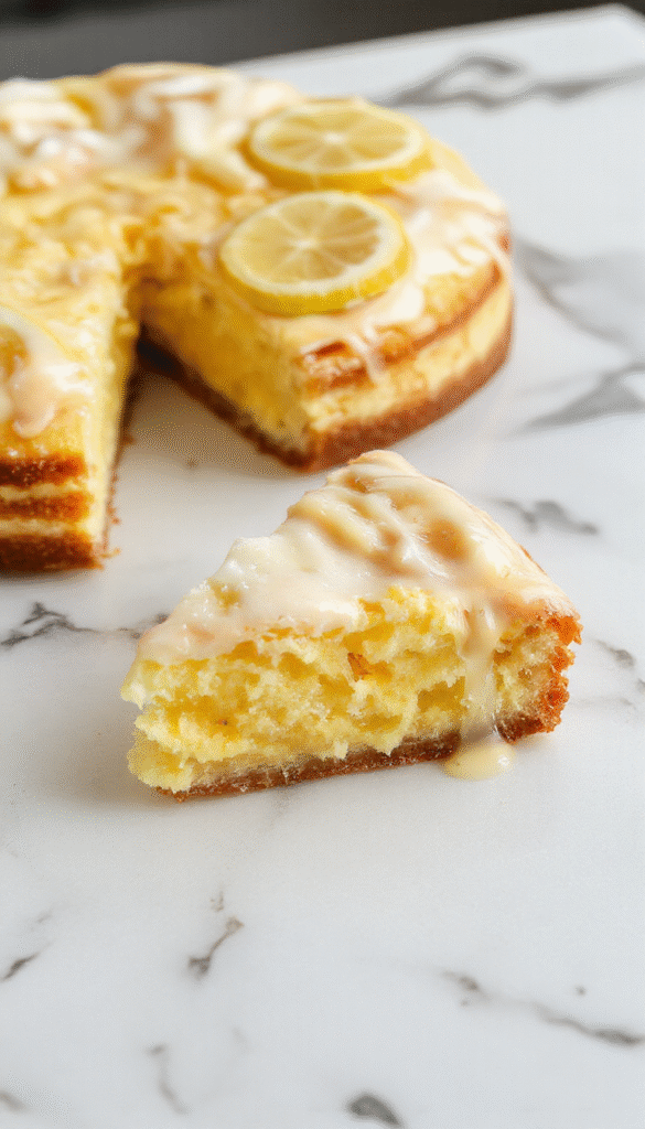 A vibrant lemon sponge pie garnished with fresh lemon slices and a dusting of powdered sugar on a rustic white plate, with a golden crust and fluffy yellow sponge filling, set against a pastel background with mint leaves for garnish.