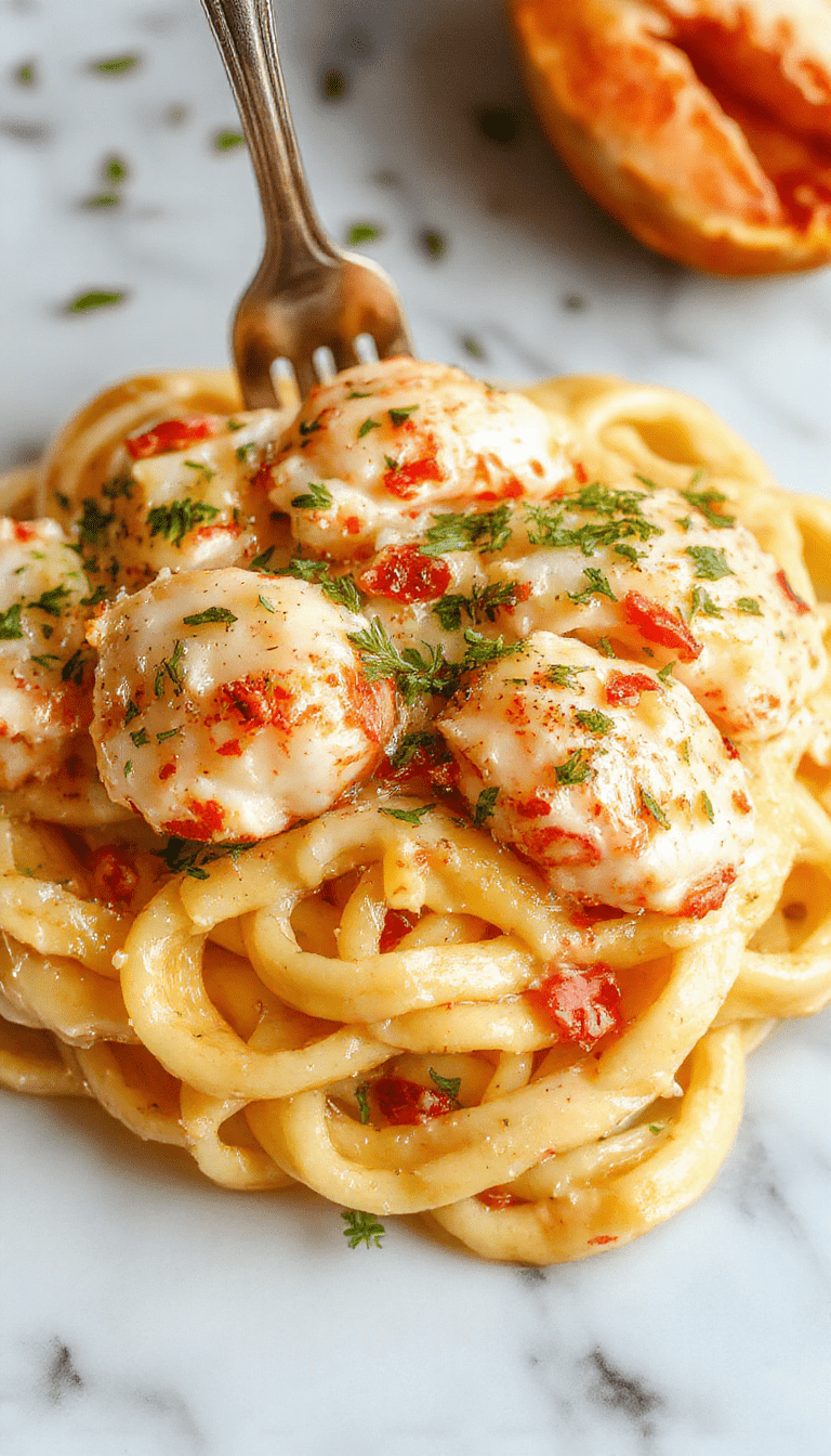 A close-up of a creamy lobster pasta dish served on a white plate, showcasing tender lobster pieces coated in a luscious, pale orange sauce, garnished with fresh herbs and cracked black pepper, with a side of toasted bread and a glass of white wine in the background, styled elegantly against a rustic wooden table.
