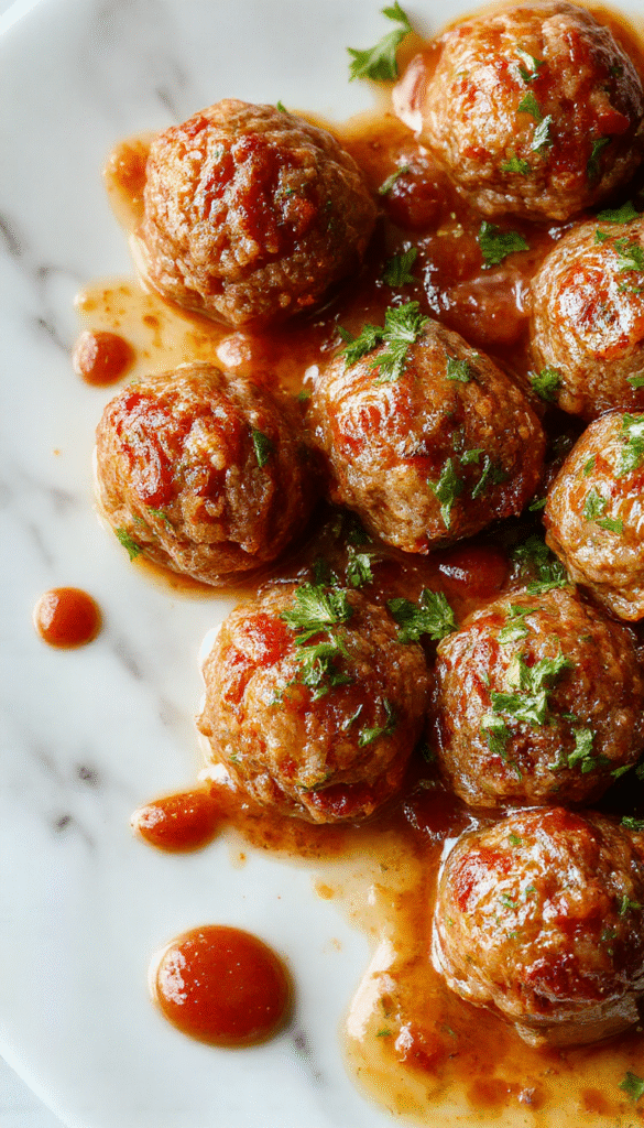 A close-up of golden-brown Italian meatballs with a slightly crispy exterior, arranged on a rustic plate topped with fresh parsley and a side of marinara sauce, with a blurred background of a cozy kitchen setting featuring garlic and herbs.
