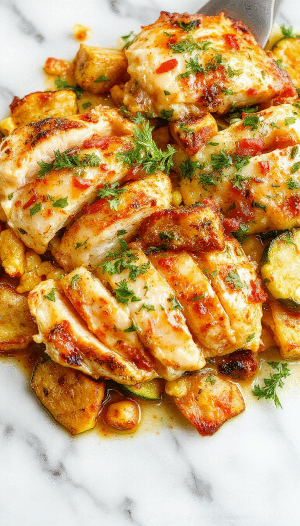 Colorful Mediterranean chicken zucchini bake featuring golden-brown baked chicken on a bed of vibrant green sliced zucchinis, topped with cherry tomatoes and fresh herbs, served on a white plate with rustic wooden background and garnished with lemon wedges.