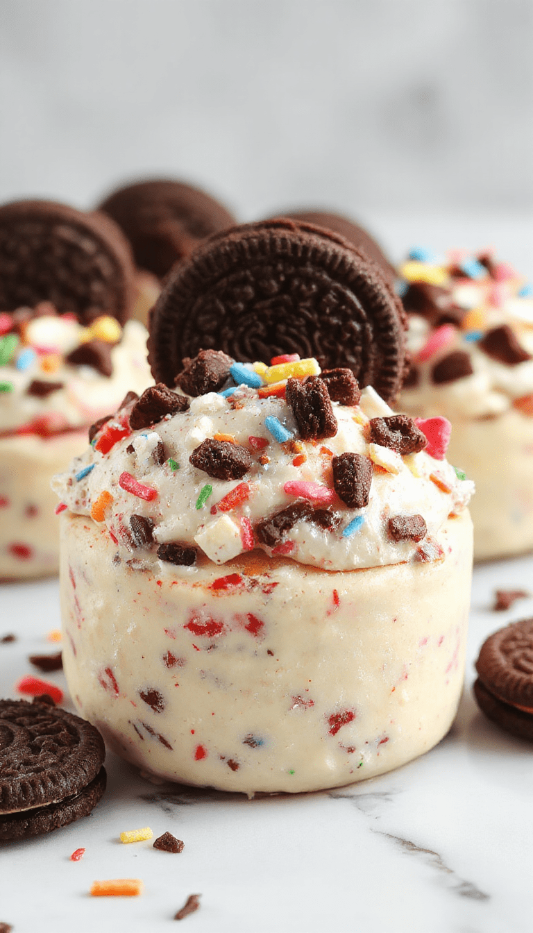 Colorful layered icebox cake with vibrant sprinkles, crushed Oreos, and whipped cream in a clear glass dish, topped with more sprinkles, presented on a light wooden surface with a festive atmosphere