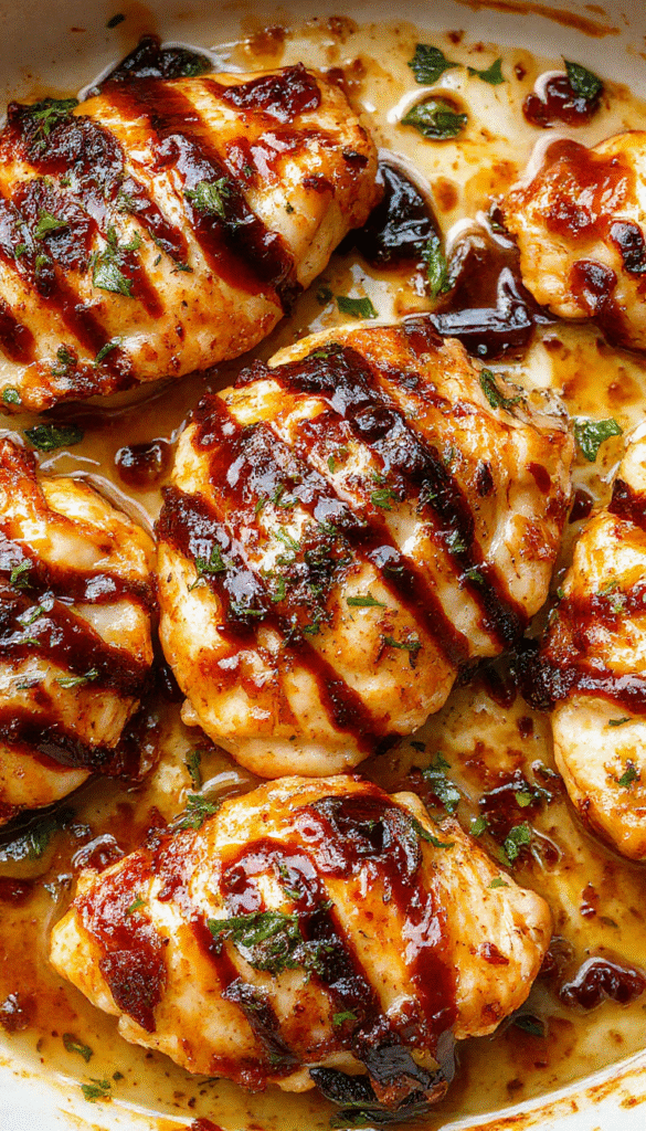 A vibrant plate of glazed balsamic chicken served on a white ceramic dish, garnished with fresh herbs, alongside roasted vegetables with a glossy, caramelized finish, creating a colorful and appetizing presentation with a rustic, home-cooked appeal.