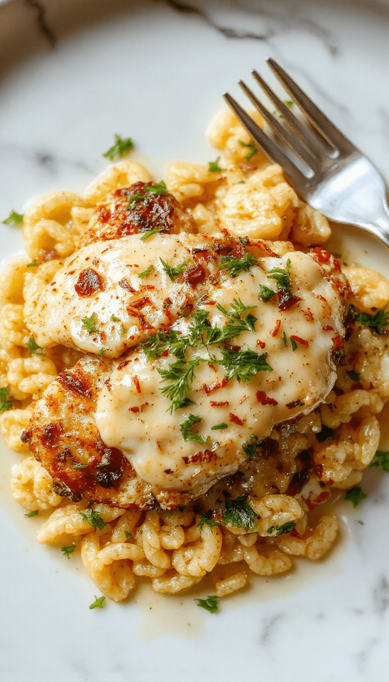 Colorful skillet of Monterey Chicken featuring golden-brown chicken breasts topped with melted cheese, garnished with fresh herbs, served alongside tender, fluffy orzo pasta with vibrant cherry tomatoes and green herbs, styled on a rustic wooden surface with a light drizzle of sauce and a sprinkle of cheese.