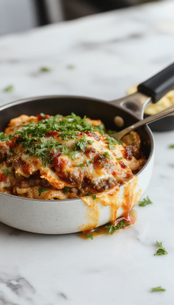 A vibrant plated cheeseburger orzo skillet featuring tender orzo pasta topped with melted cheese, seasoned ground beef, fresh green herbs, and cherry tomatoes, styled on a rustic wooden table with a sprinkle of chopped onions and pickles for a savory, colorful presentation.