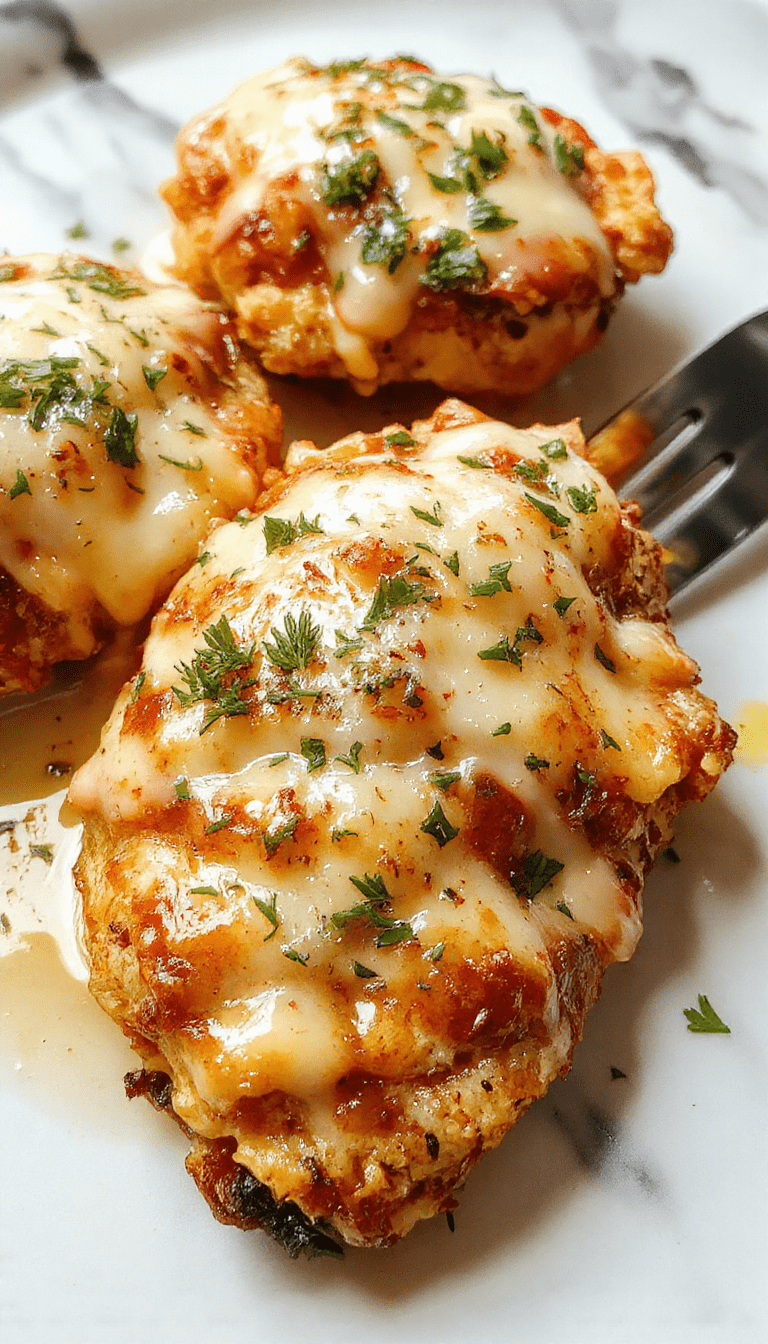 A golden-brown baked chicken parmesan served on a white plate, topped with melted mozzarella and marinara sauce, garnished with fresh basil, alongside a side of spaghetti, vibrant red sauce contrasting with the crispy chicken, styled with rustic wooden background and sprigs of herbs