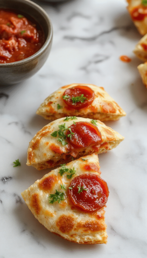 Golden-brown pepperoni pizzadillas cut into wedges on a rustic wooden plate, showcasing melted cheese, crispy edges, and slices of pepperoni, garnished with fresh herbs and served with a side of marinara sauce.