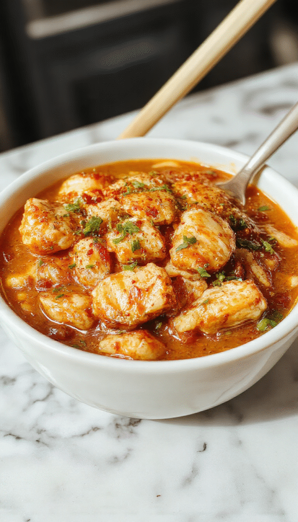 Colorful plate featuring stir-fried chicken pieces with vibrant vegetables like bell peppers, carrots, and snap peas atop a bed of glossy ramen noodles. The dish showcases a savory sauce with hints of sesame oil and garnished with green onions and sesame seeds, arranged elegantly on a white ceramic plate.