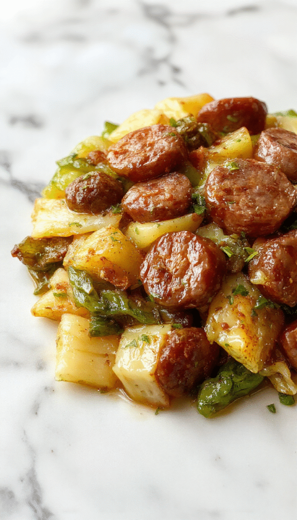 A colorful plate featuring sliced sausages sautéed with shredded green cabbage, vibrant orange carrots, and glossy onions, garnished with chopped green onions. The dish is served on a rustic wooden table with a side of steamed rice, emitting a savory aroma, with crispy edges on the cabbage and a glossy sauce coating the ingredients.