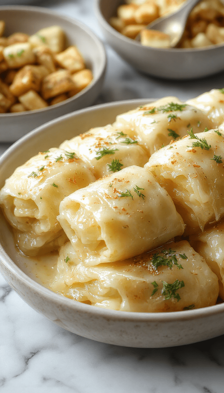 A close-up of vibrant cabbage rolls filled with seasoned meat and rice, arranged neatly on a white platter garnished with parsley, showcasing their toasted golden edges and fresh green cabbage exterior.