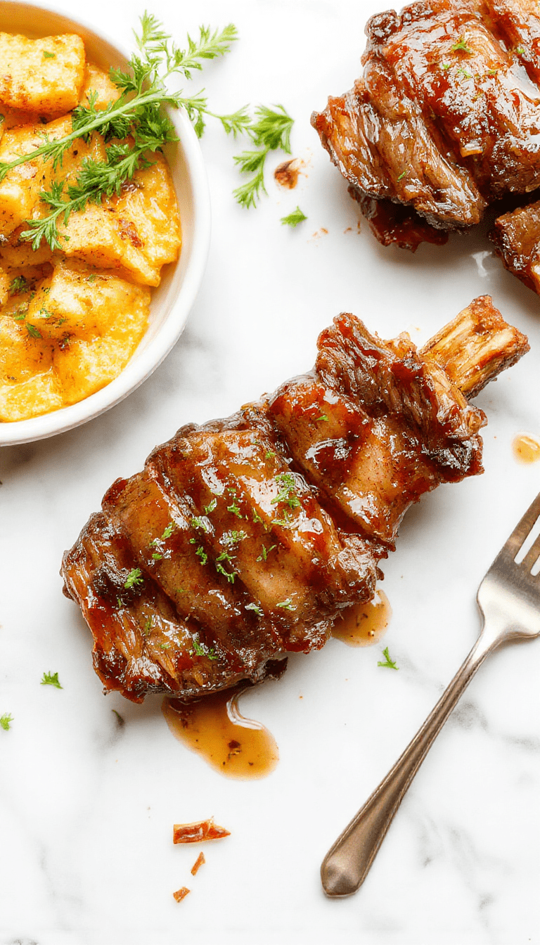 Colorful plated beef chops glazed with glossy brown sugar sauce, garnished with fresh herbs, served on a white plate with caramelized edges and a rich, caramel-brown glaze