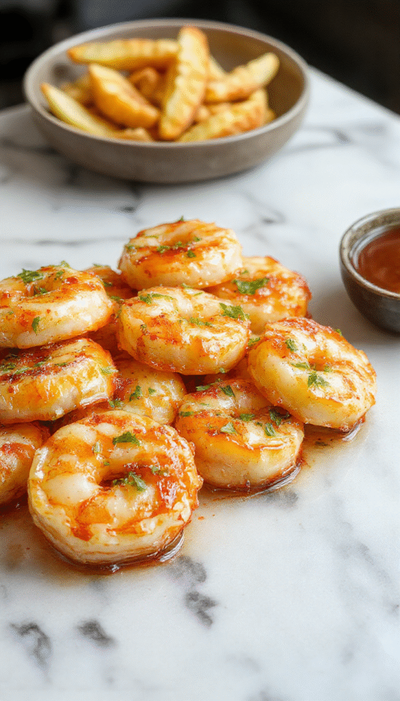 Vibrant bowl showcasing golden pink shrimp glazed with shiny honey garlic sauce, garnished with fresh parsley and sliced green onions, on a rustic wooden platter with a drizzle of sauce and perfectly cooked rice underneath.