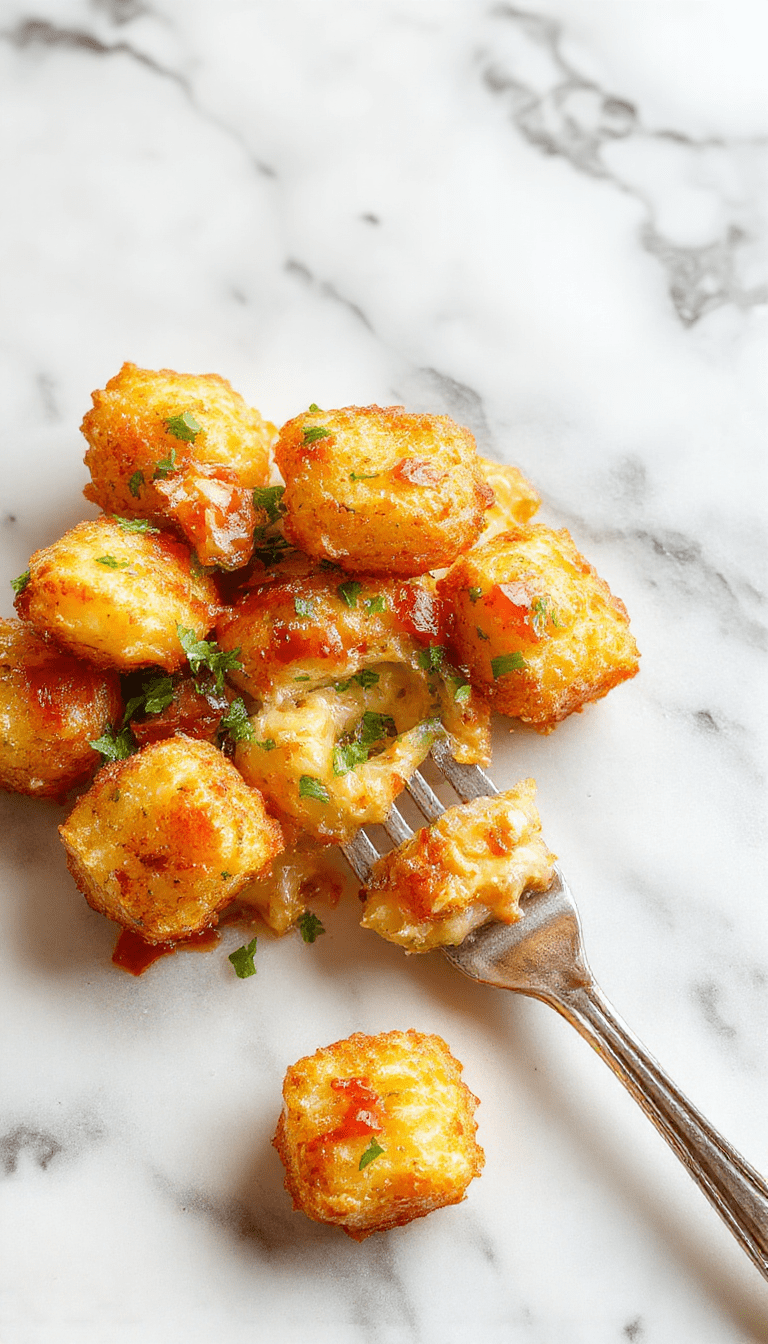 A vibrant plate of golden-brown tater tot casserole topped with melted cheese and fresh herbs, served on a rustic wooden table with a side of vegetables, showcasing crispy textures and inviting warmth.