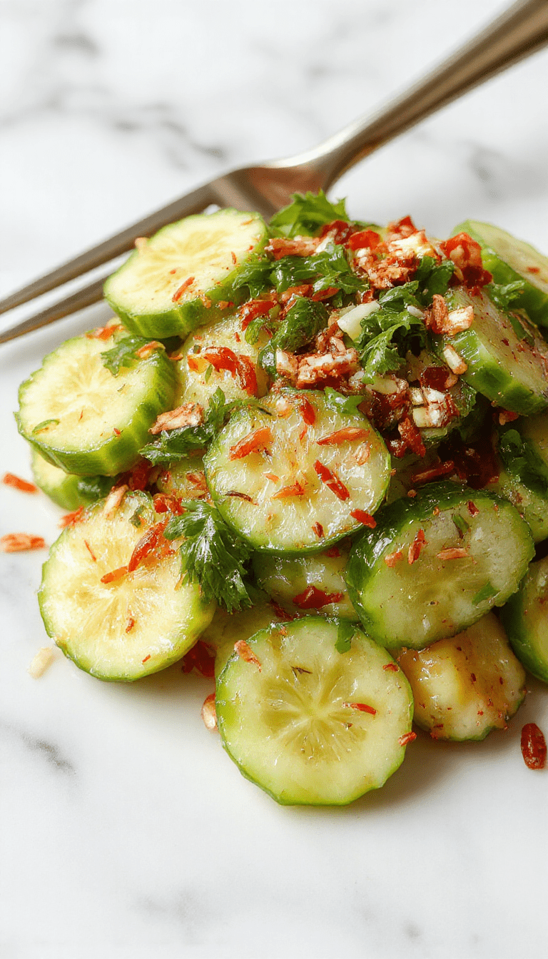 A vibrant bowl of Asian cucumber salad featuring thinly sliced crisp cucumbers topped with chopped fresh herbs, sprinkled sesame seeds, and drizzled with a tangy vinaigrette, all arranged on a rustic wooden table with colorful accents and a garnish of lime wedges.