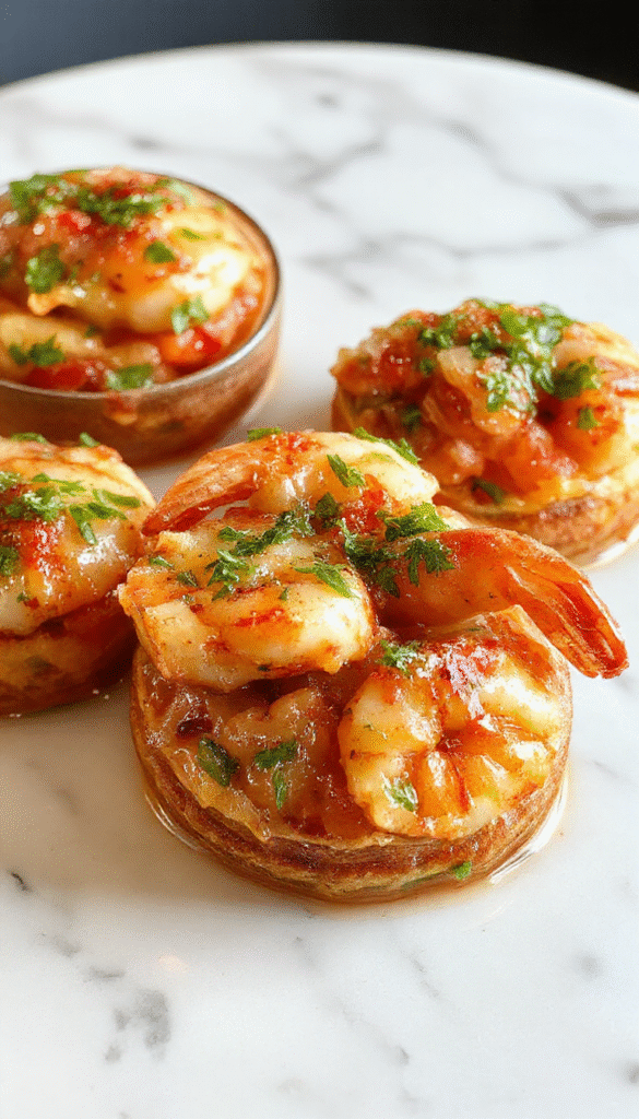 A vibrant bowl of Mexican shrimp cocktail featuring plump pink shrimp nestled in a colorful sauce of tomato, avocado, and citrus, garnished with cilantro and served with lime wedges on a rustic wooden platter. The dish is garnished with fresh herbs and surrounded by sliced vegetables, reflecting a bright and refreshing presentation.