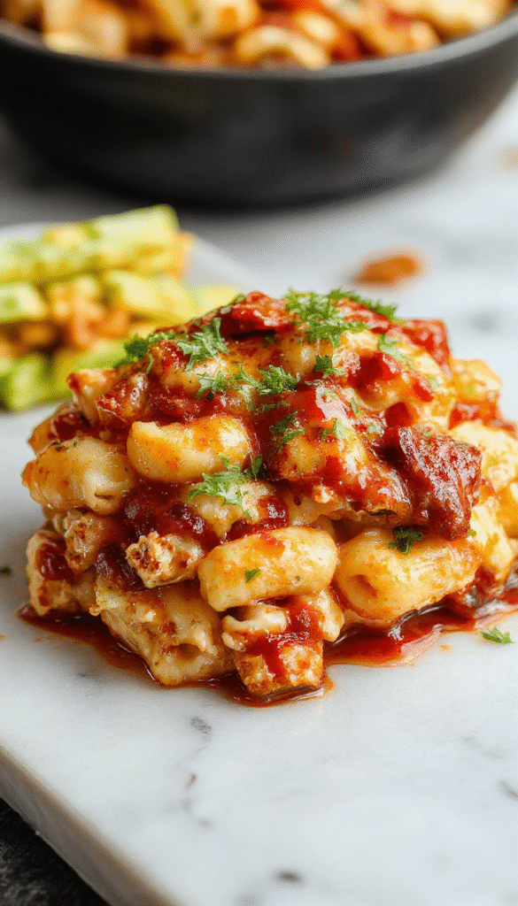 A vibrant plate featuring creamy mac and cheese topped with shredded BBQ chicken, cheddar cheese, and fresh herbs. The dish is served on a rustic wooden table with a drizzle of BBQ sauce, highlighting the rich textures and golden-brown crust of the baked cheese topping.
