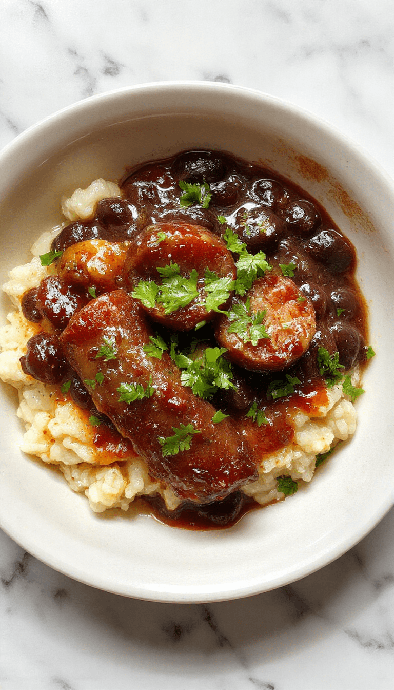 A vibrant plate featuring fluffy white rice topped with seasoned black beans, slices of browned sausage, garnished with fresh cilantro and chopped green onions, served on a rustic wooden table with colorful napkins