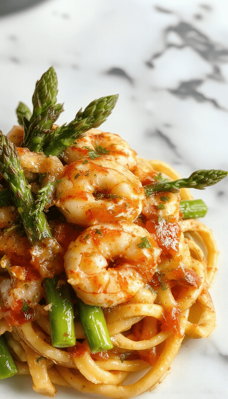 A vibrant plate of angel hair pasta topped with tender pink shrimp and crisp green asparagus spears, drizzled with olive oil and garnished with fresh herbs, presented on a white ceramic plate against a rustic wooden table with a soft blurred background.
