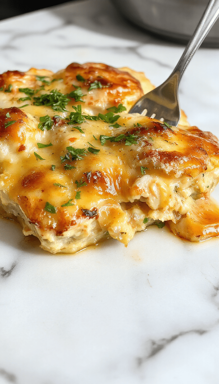 A vibrant, colorful low carb chicken casserole served in a white ceramic dish, topped with melted cheese and fresh herbs, with golden-brown edges and a rustic wooden table background.