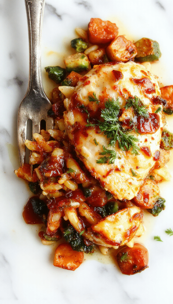 Colorful plated dish featuring tender pieces of chicken coated with balsamic glaze, mixed with orzo pasta and vibrant sautéed vegetables, garnished with fresh herbs, styled simply on a white plate with a rustic background