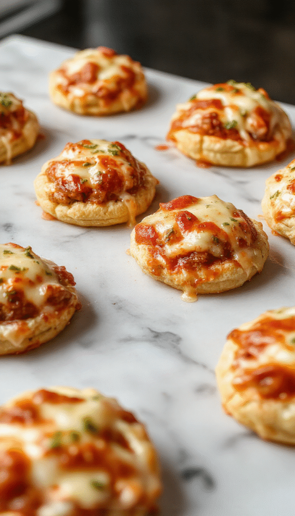 Golden-brown pizza pockets filled with melted cheese and savory toppings, arranged on a rustic wooden platter with fresh basil leaves, served alongside marinara sauce, showcasing crispy edges and gooey interior with vibrant colors.