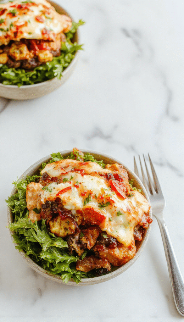 Colorful burger bowls arranged on a rustic wooden table featuring vibrant lettuce, juicy beef patties, diced tomatoes, shredded cheese, and sliced pickles, all beautifully plated with a drizzle of sauce and garnished with fresh herbs, showcasing a fresh, hearty, and visually appealing dinner.