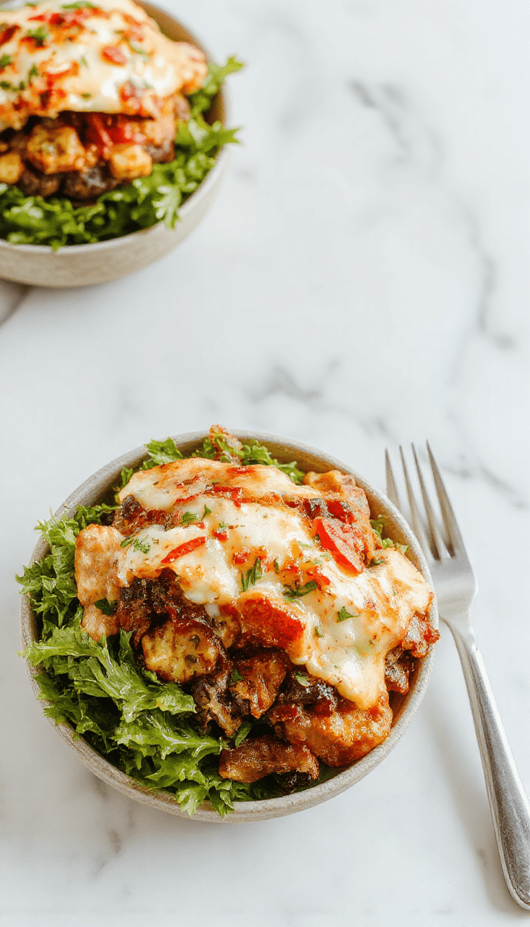 Colorful burger bowls arranged on a rustic wooden table featuring vibrant lettuce, juicy beef patties, diced tomatoes, shredded cheese, and sliced pickles, all beautifully plated with a drizzle of sauce and garnished with fresh herbs, showcasing a fresh, hearty, and visually appealing dinner.