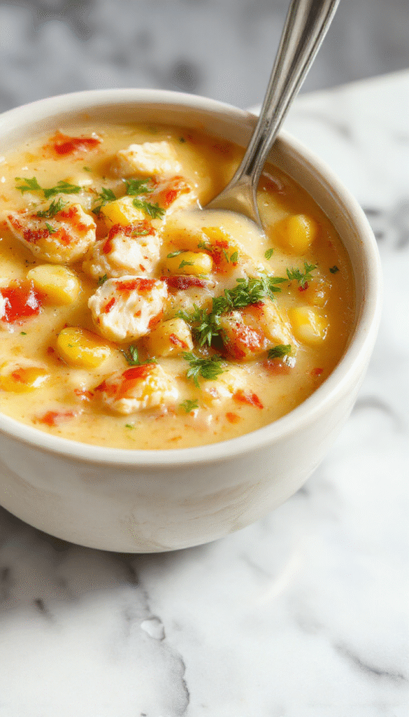 A steaming bowl of creamy chicken corn chowder with tender shredded chicken, bright yellow corn kernels, and rich broth, garnished with fresh herbs on a rustic wooden table with a silver spoon beside it, showcasing a textured, inviting presentation.