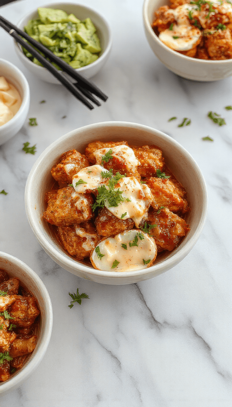 A vibrant chicken bowl featuring crispy battered chicken pieces drizzled with a creamy spicy sauce, garnished with chopped green onions, served over a bed of white rice and colorful vegetables, styled on a rustic wooden plate with a drizzle of sauce and fresh herbs.