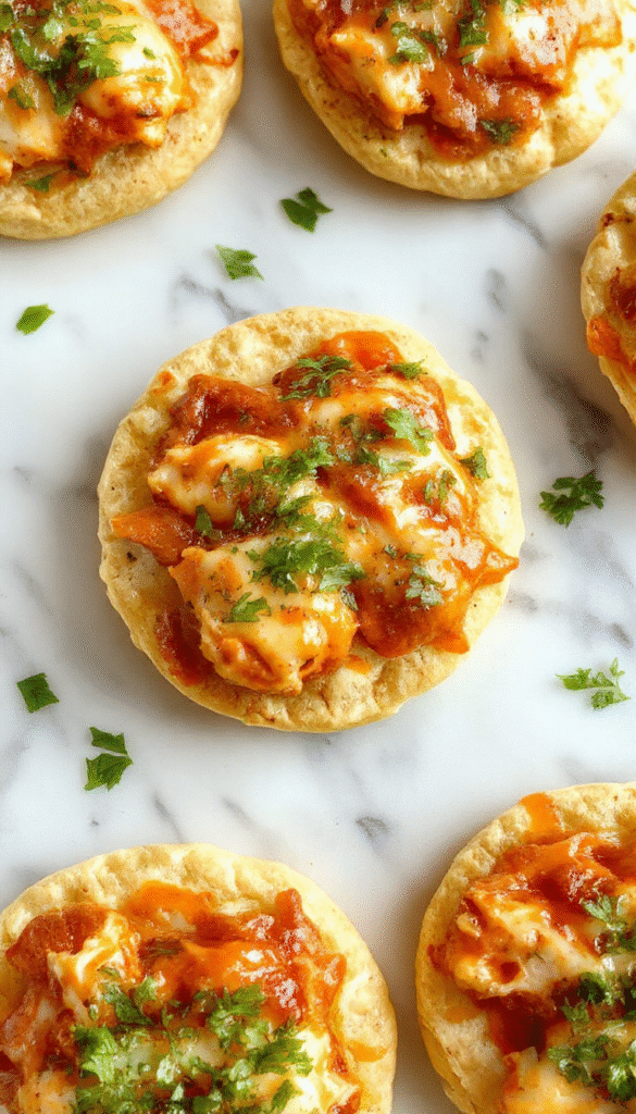 A vibrant flatbread topped with shredded buffalo-spiced chicken, melted cheese, and garnished with green cilantro and red chili flakes, presented on a rustic wooden platter with a drizzle of creamy sauce around.