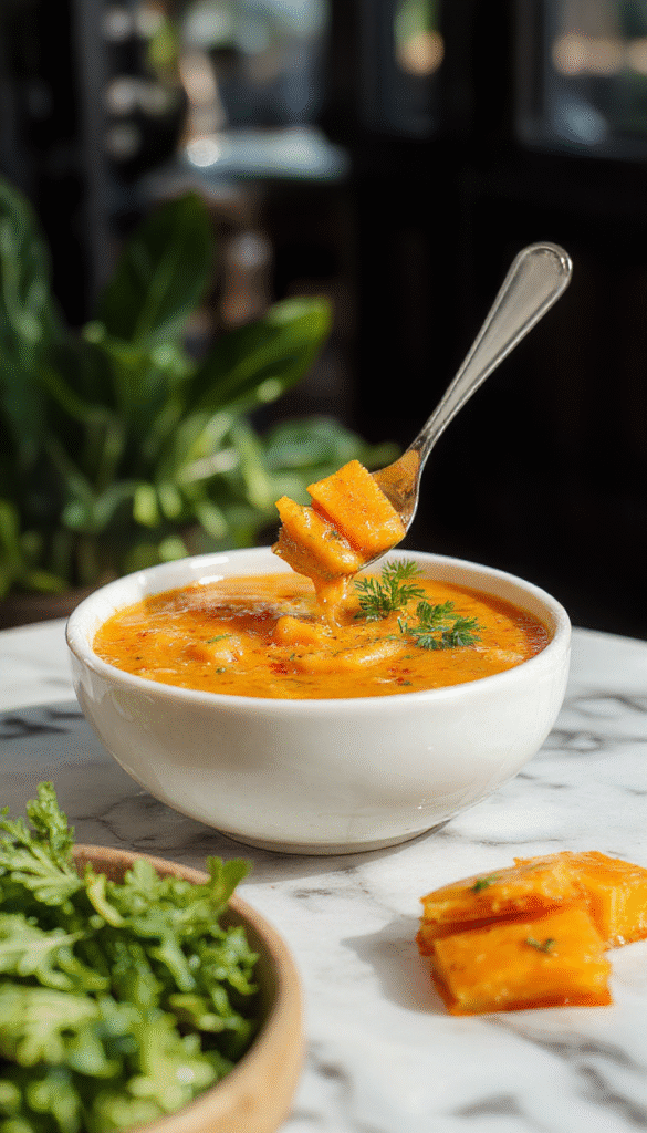 A vibrant bowl of creamy orange butternut squash and deep orange sweet potato soup garnished with fresh herbs, drizzled with olive oil, served in a rustic white bowl on a wooden table, with a sprinkle of chili flakes for added spice and a side of crusty bread.