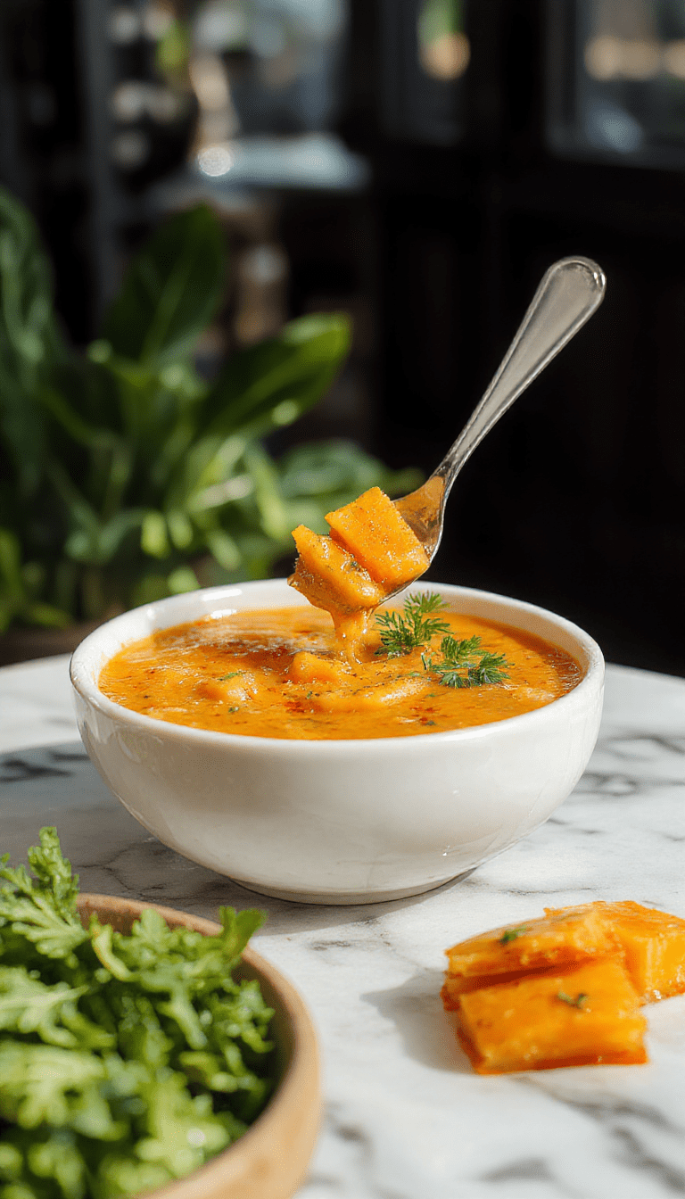 A vibrant bowl of creamy orange butternut squash and deep orange sweet potato soup garnished with fresh herbs, drizzled with olive oil, served in a rustic white bowl on a wooden table, with a sprinkle of chili flakes for added spice and a side of crusty bread.