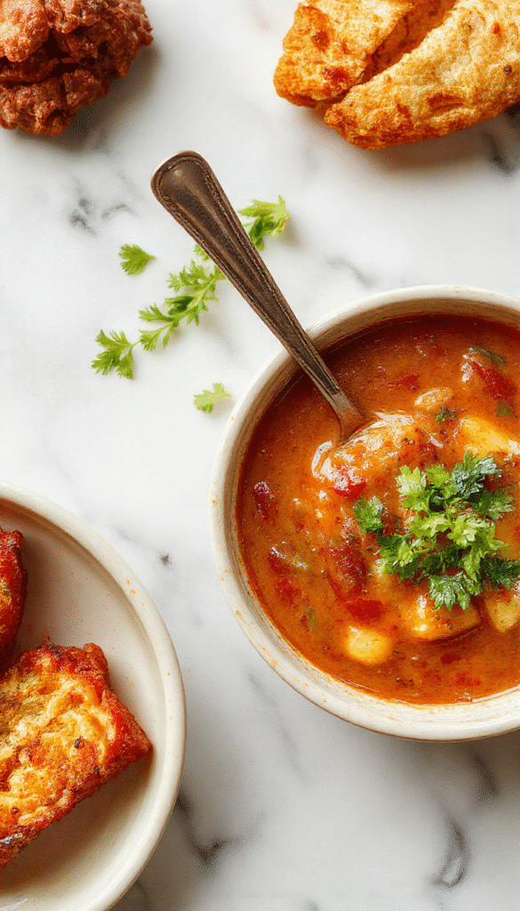 A vibrant bowl of Chile Relleno Soup with a rich red broth, topped with melted cheese, garnished with fresh cilantro and slices of roasted peppers, served in a rustic white bowl on a wooden table with colorful chili peppers in the background, showcasing its creamy texture and hearty presentation.