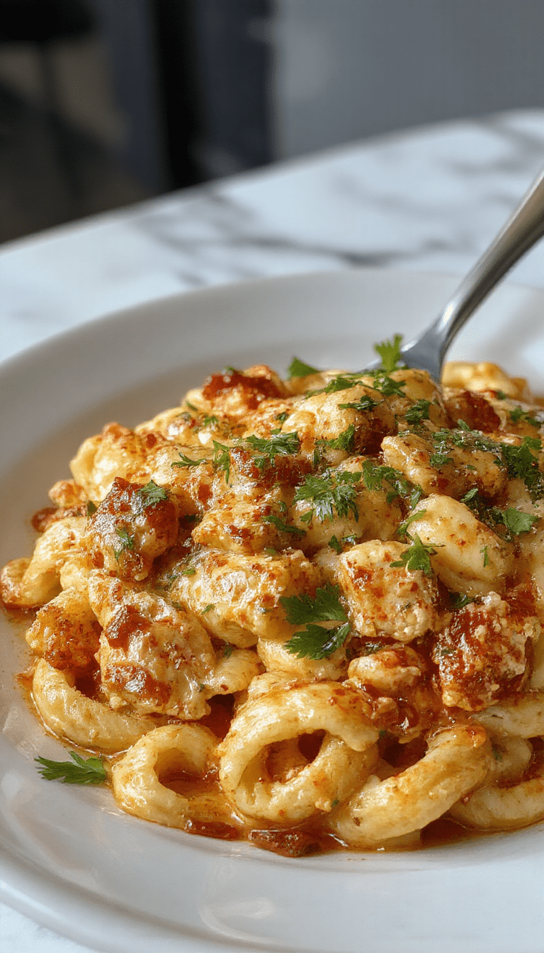A vibrant plate of creamy Cajun chicken pasta featuring golden-brown grilled chicken slices atop a rich, spicy, creamy sauce generously coating al dente pasta. The dish is garnished with chopped green herbs and red pepper flakes, served on a rustic wooden table with colorful vegetables in the background, highlighting the spicy and savory textures.