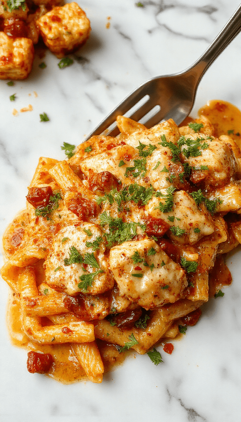 A vibrant plate of creamy Cajun chicken pasta garnished with chopped parsley, showcasing tender sliced chicken in a rich, spicy sauce, served alongside colorful vegetables and sprinkled with herbs, styled on a rustic wooden table.